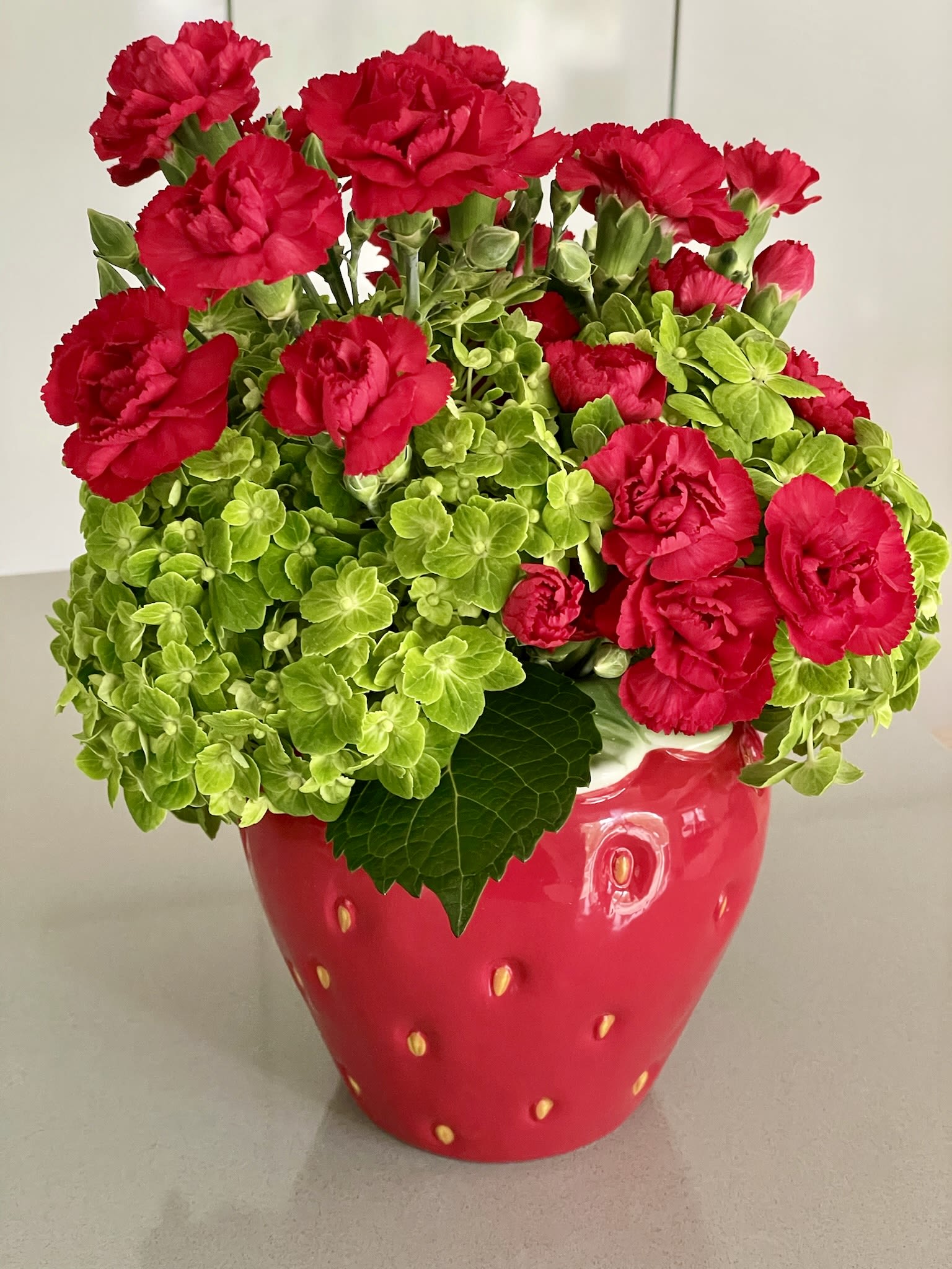 Red carnations in a strawberry-shaped red pot with green hydrangea
