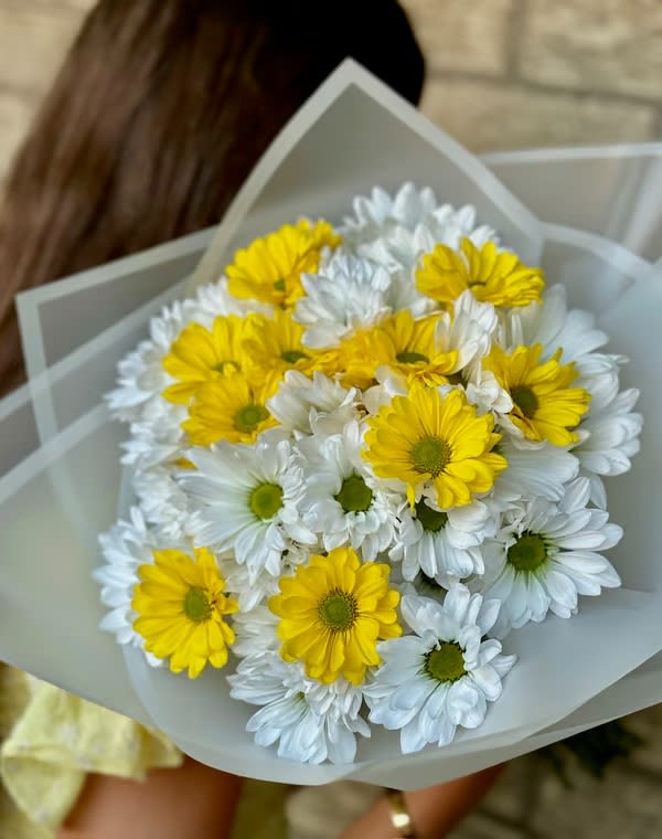 Bouquet of yellow and white daisies wrapped in pale paper