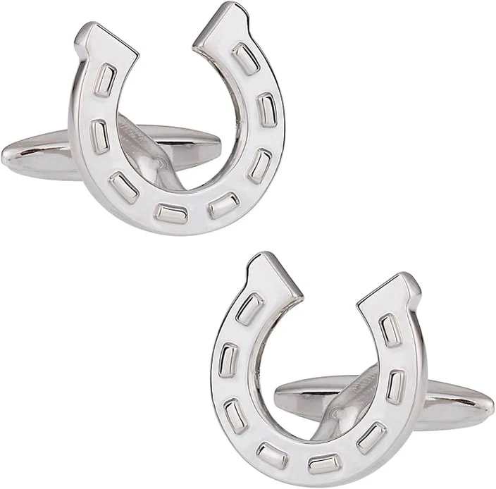 Pair of silver horseshoe cufflinks on a white background