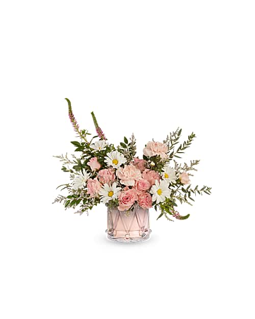 Little Joy Bouquet - Teleflora's Little Joy Bouquet welcomes a sweet new arrival with soft pink blooms and fresh whites. Hand-arranged in Teleflora's Crystal Drum Vase, this delicate design brings a gentle, cheerful touch to celebrate baby's big debut.
