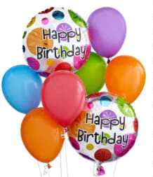 Cluster of colorful birthday balloons with two "Happy Birthday" balloons