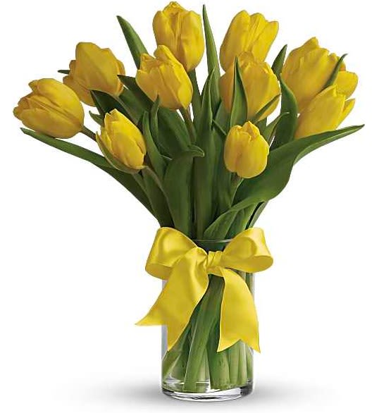 Yellow tulips in a clear glass vase tied with a yellow ribbon
