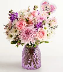 Amazing Mom Bouquet - Pink, purple and white roses, chrysanthemums, daisies and alstroemeria arranged in a textured purple glass vase-cheerful, garden-inspired and perfect for Mother's Day or everyday thanks.