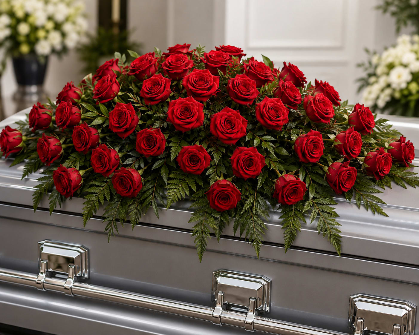 Red roses arranged on top of a silver casket