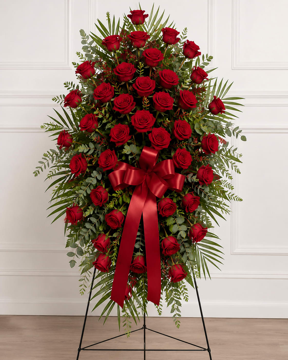 Standing spray of red roses with a red ribbon on a black easel
