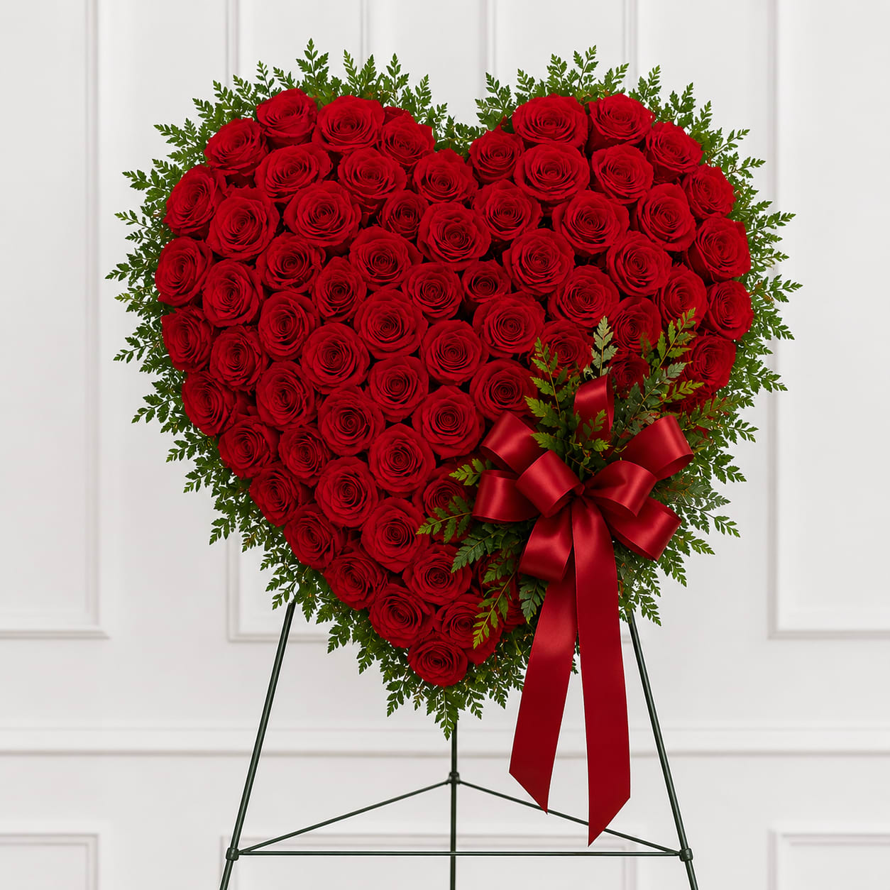 Heart-shaped red rose standing spray with a red ribbon on an easel