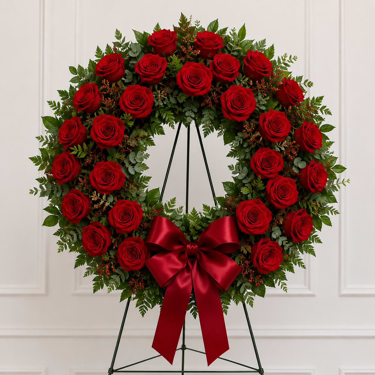 Heart-shaped wreath of red roses with a red bow on a stand