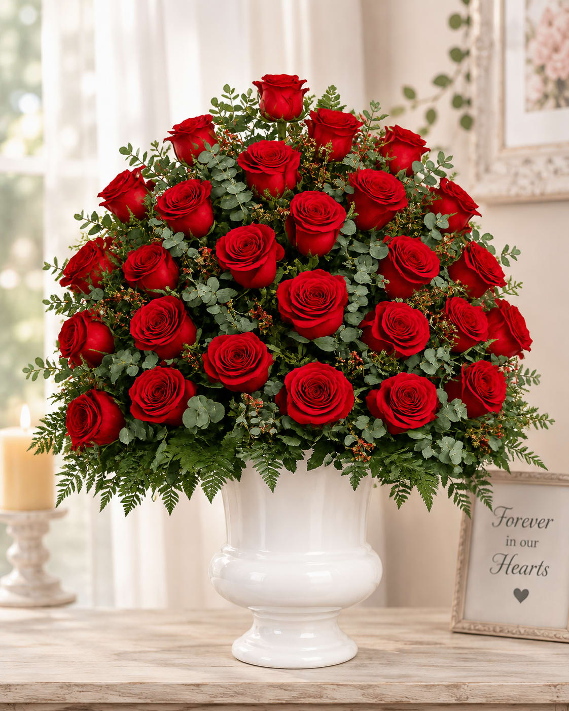 Large bouquet of red roses in a white vase
