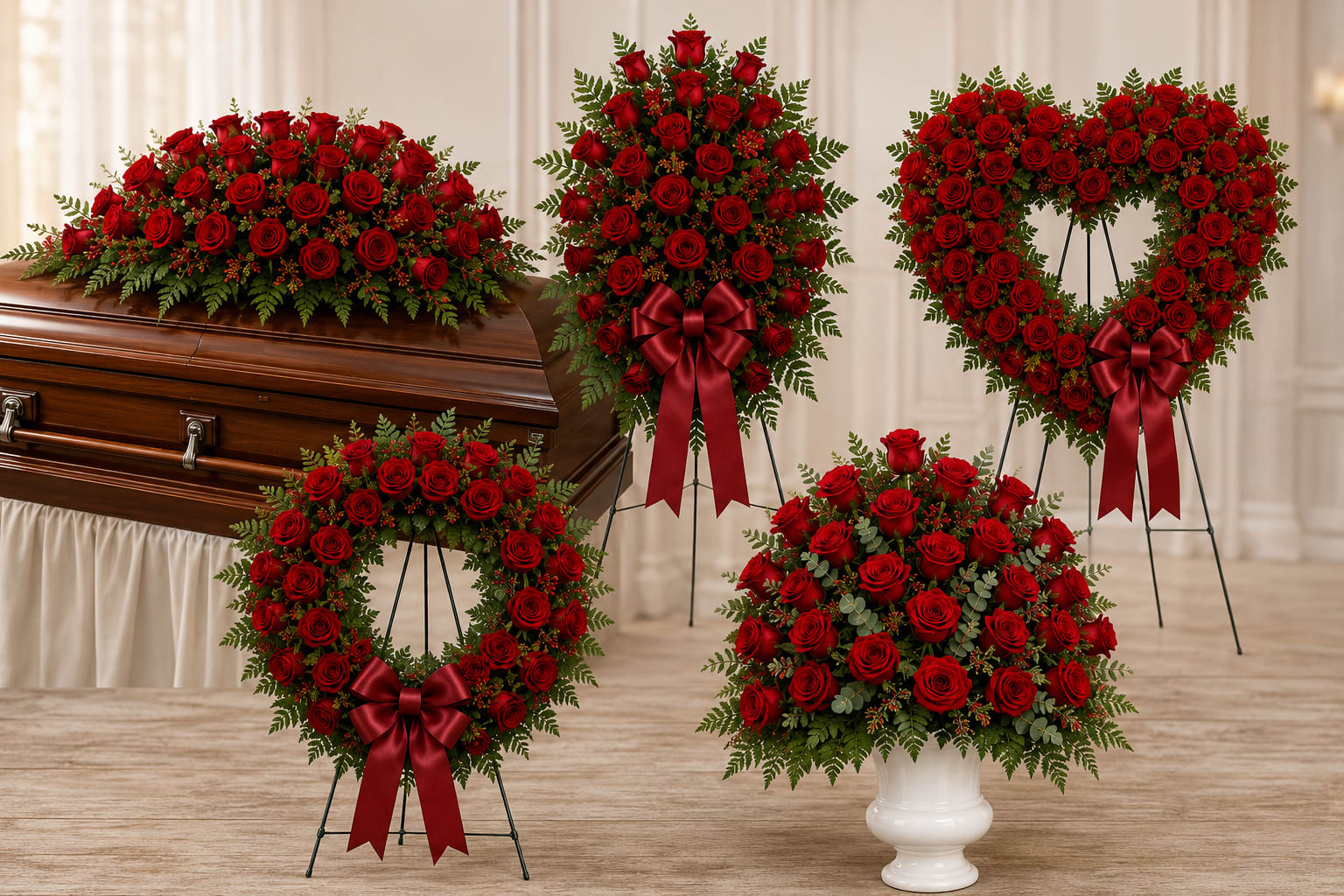 Red rose funeral arrangements with wreaths and sprays around a casket