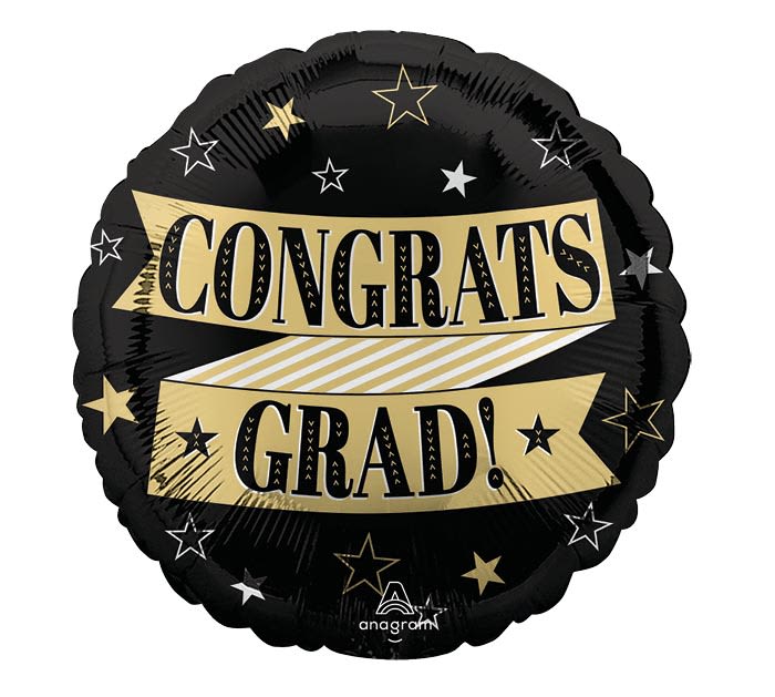 "Congrats Grad!" Mylar Stars Balloon - A bold, festive round foil balloon that says "CONGRATS GRAD!" in gold and white makes an instant celebratory statement for graduation parties and congratulatory occasions. This 17" black balloon with gold and white star accents brings a classic school‑themed look that will make the grad feel seen and celebrated-perfect as a party add‑on or a finishing touch to a gift bouquet or table display.  The balloon is a 17-inch foil design with vivid gold and white lettering and star motifs on a deep black background, offering high contrast and a graphic, upbeat feel. It pairs beautifully with black, yellow, or white floral arrangements and can be attached to bouquets or a weight to float beside a gift. Order it alone as a simple congratulatory accent or include it with flowers for an easy way to elevate a graduation gift.