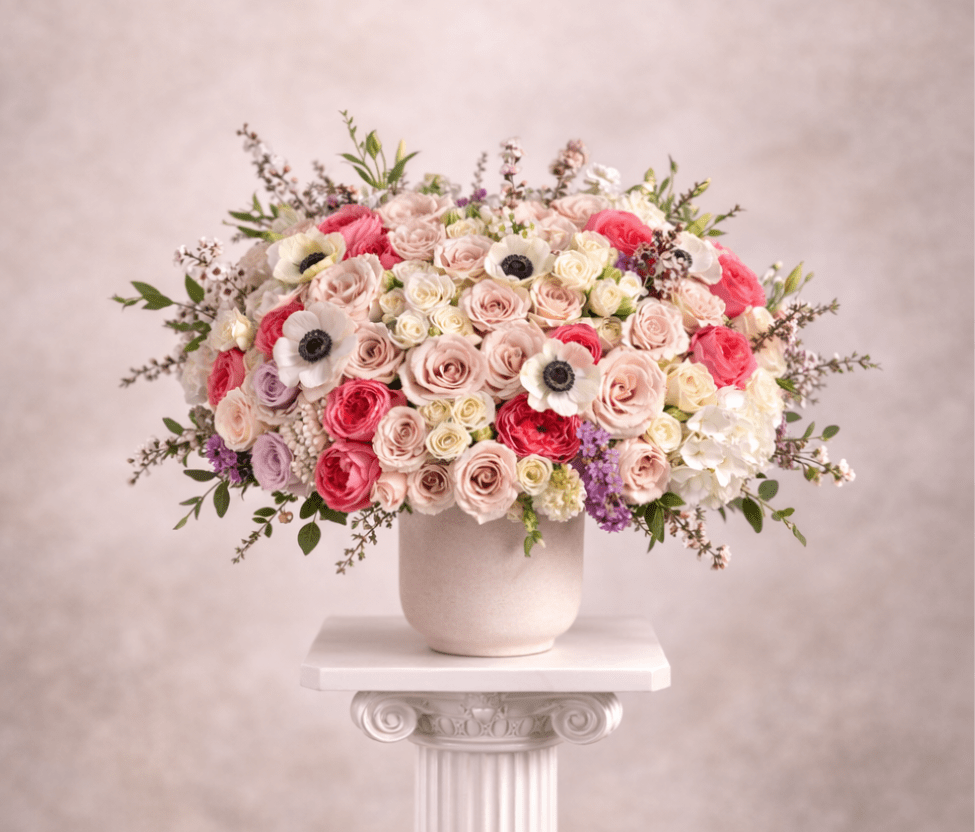 Large bouquet of pink and white roses in a white vase