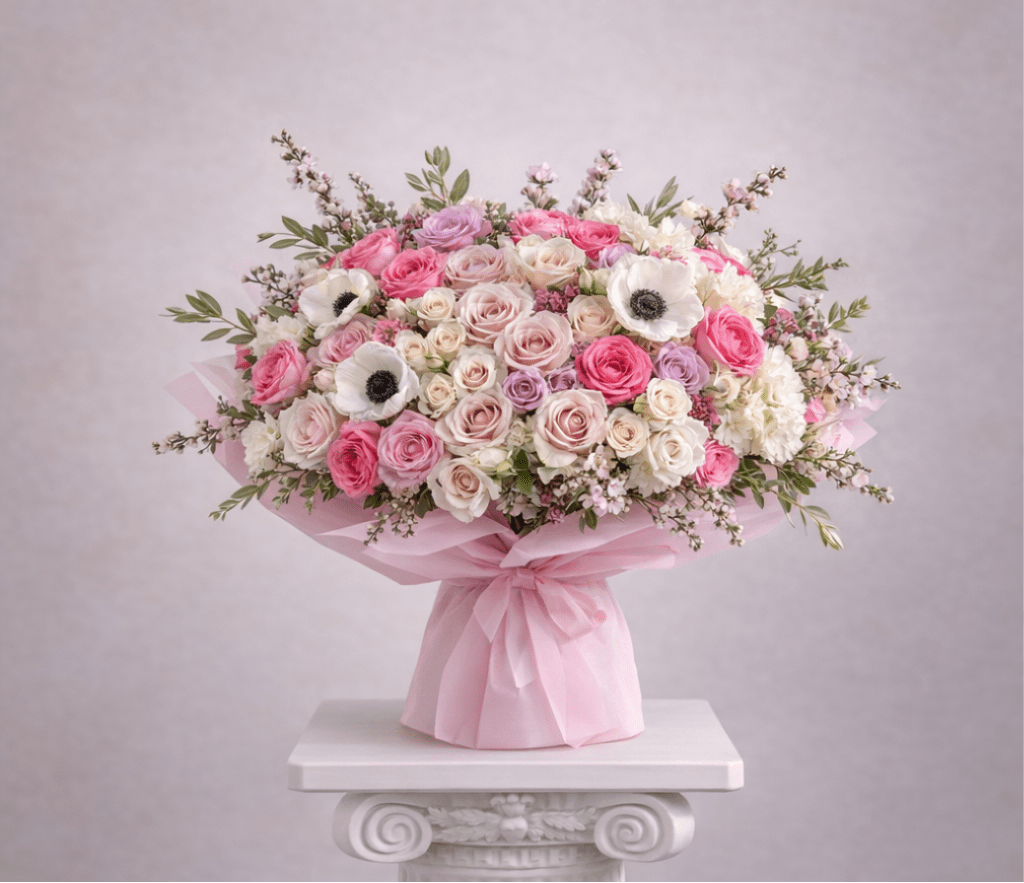 Large bouquet of pink and white roses with anemones wrapped in pink paper