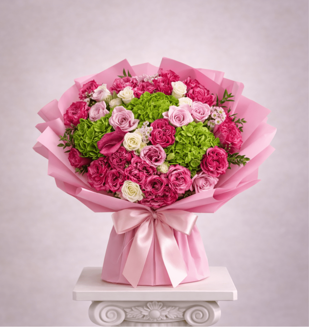 Pink and white rose bouquet with green hydrangeas in pink wrap