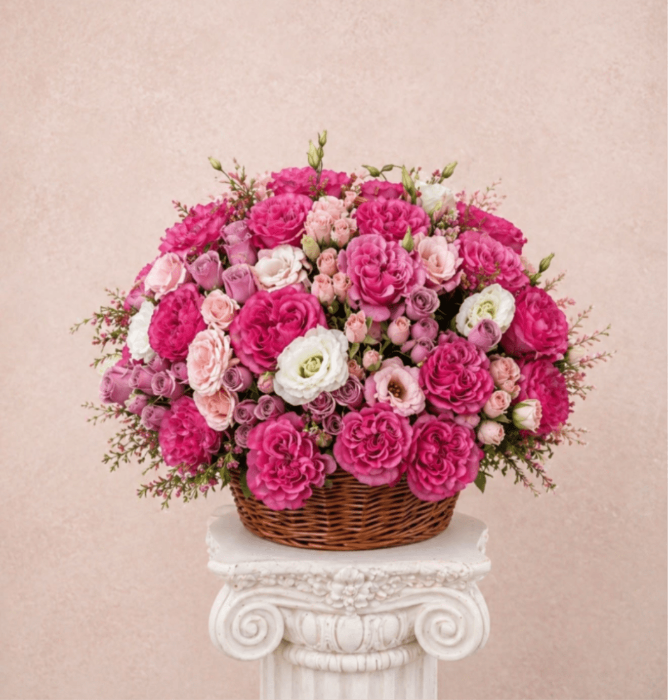 Basket of pink and white roses on a pedestal