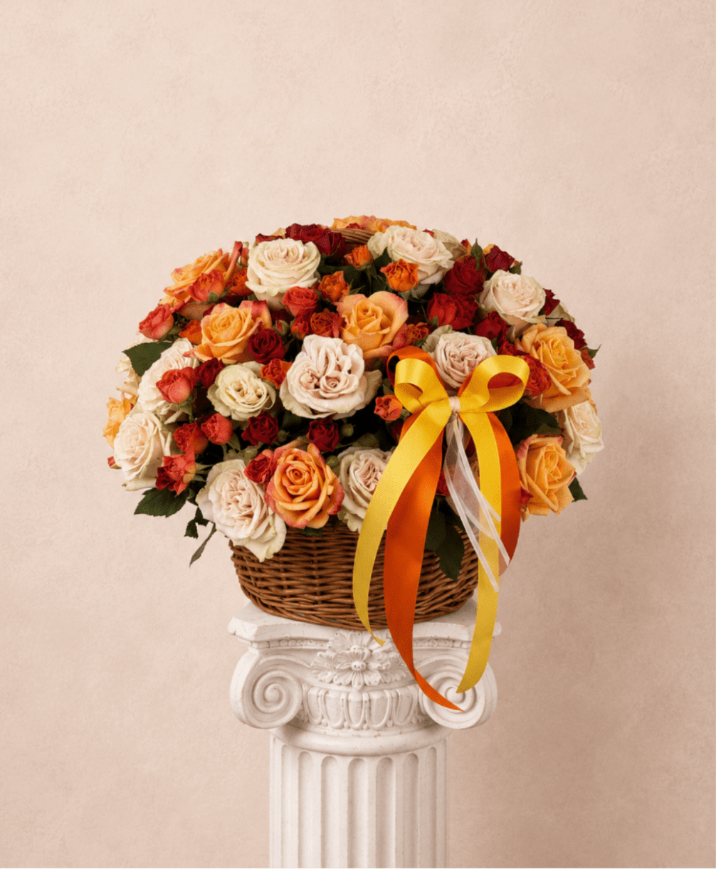 Sunset  - Brighten any space with our Elegant Flower basket Arrangement! Bursting with vibrant blooms, this stunning display combines seasonal favorites with lush fillers.  Housed in a chic, reusable container, it makes a perfect centerpiece for any occasion be it a gift or a treat for yourself. Elevate your decor with this captivating arrangement that brings joy and sophistication to your home or office. Order yours today and let the beauty of flowers inspire you!