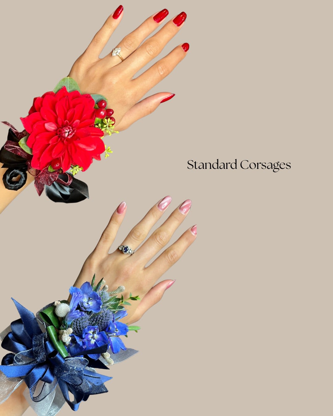 Two floral wrist corsages, one red and one blue, on hands