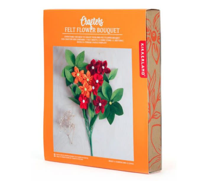 Boxed felt flower bouquet kit with red, orange, and green flowers
