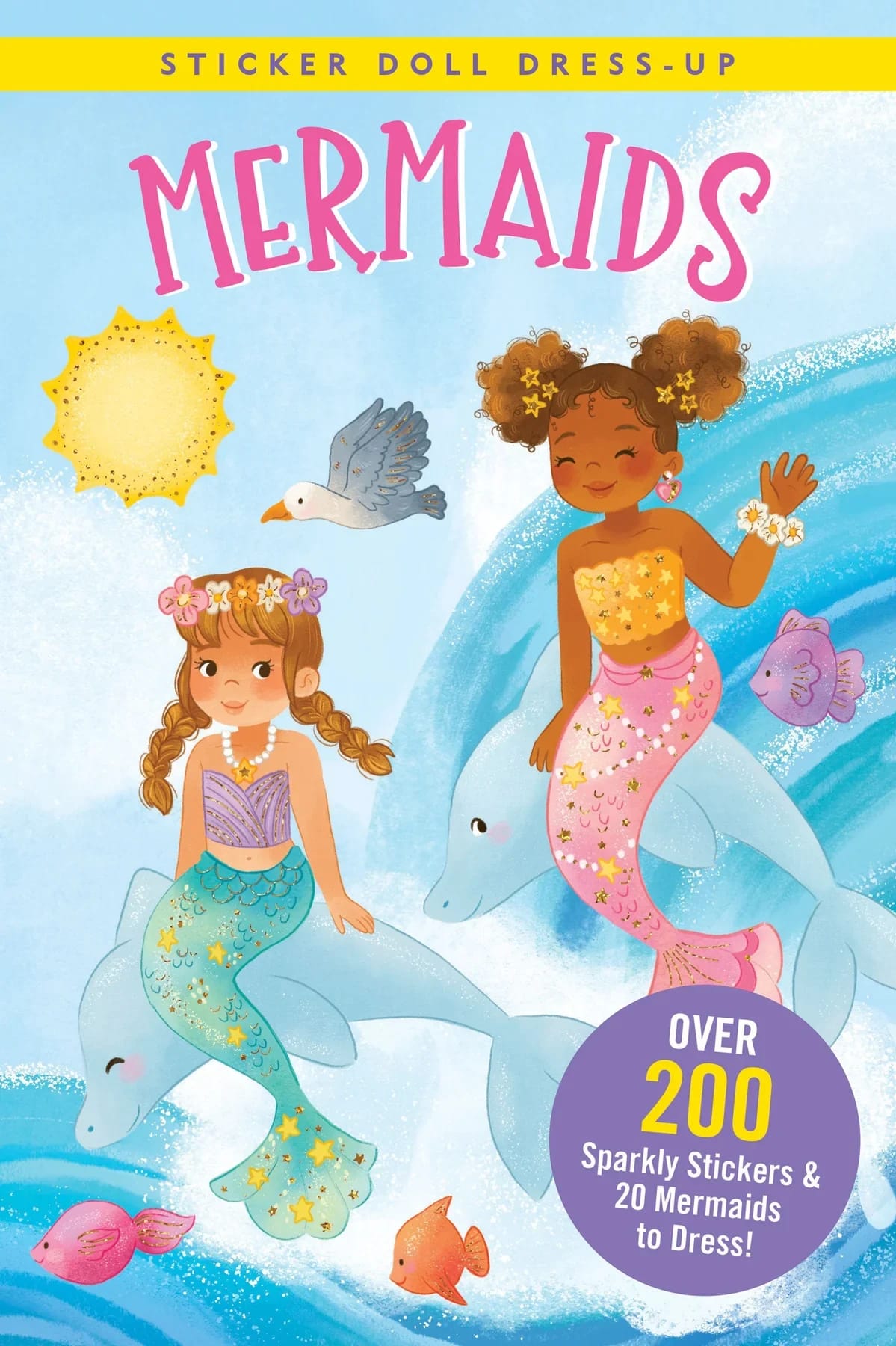 Mermaid sticker book cover with two illustrated mermaids and sea animals