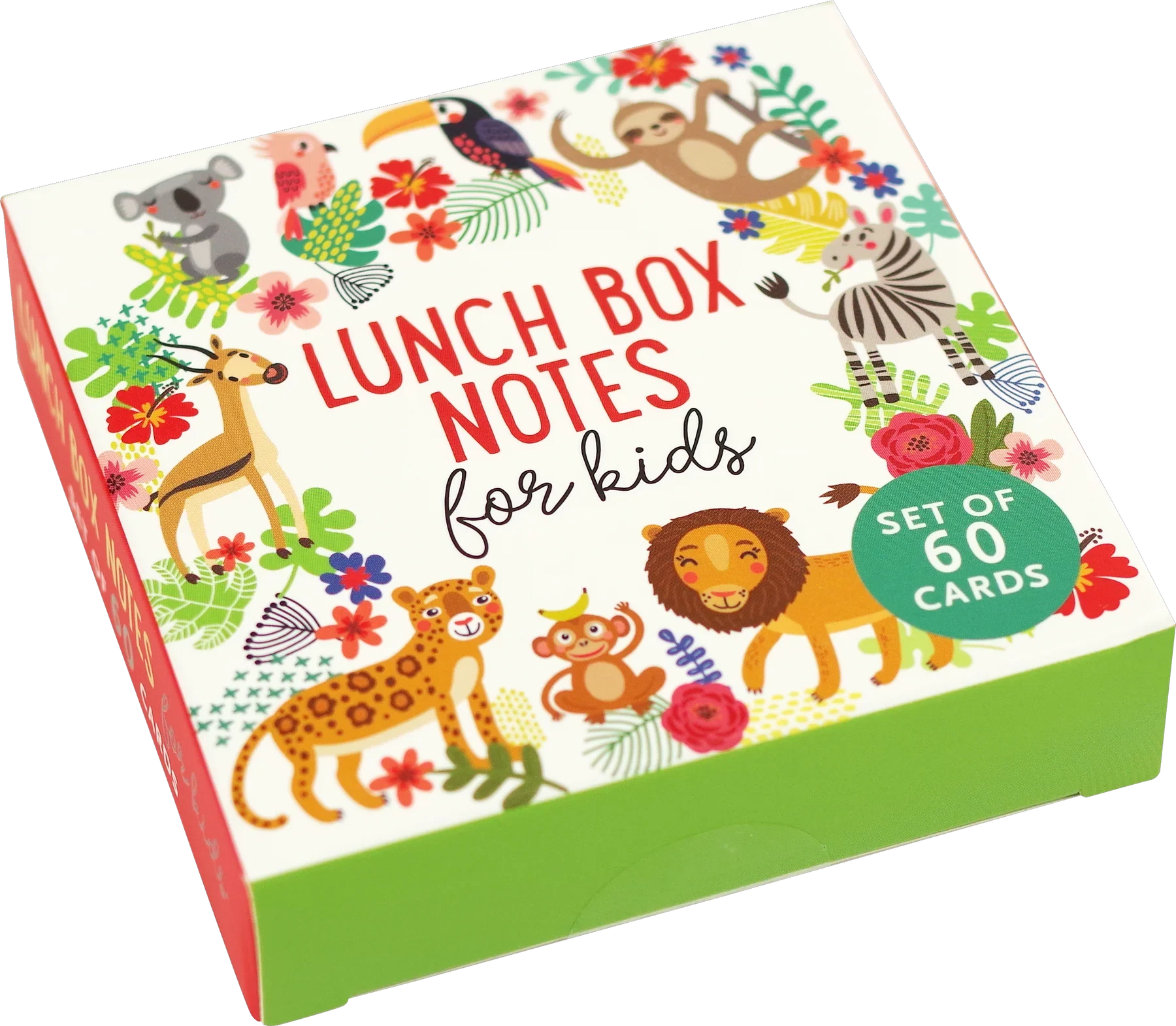 Box of kids' lunch box notes with colorful animal illustrations
