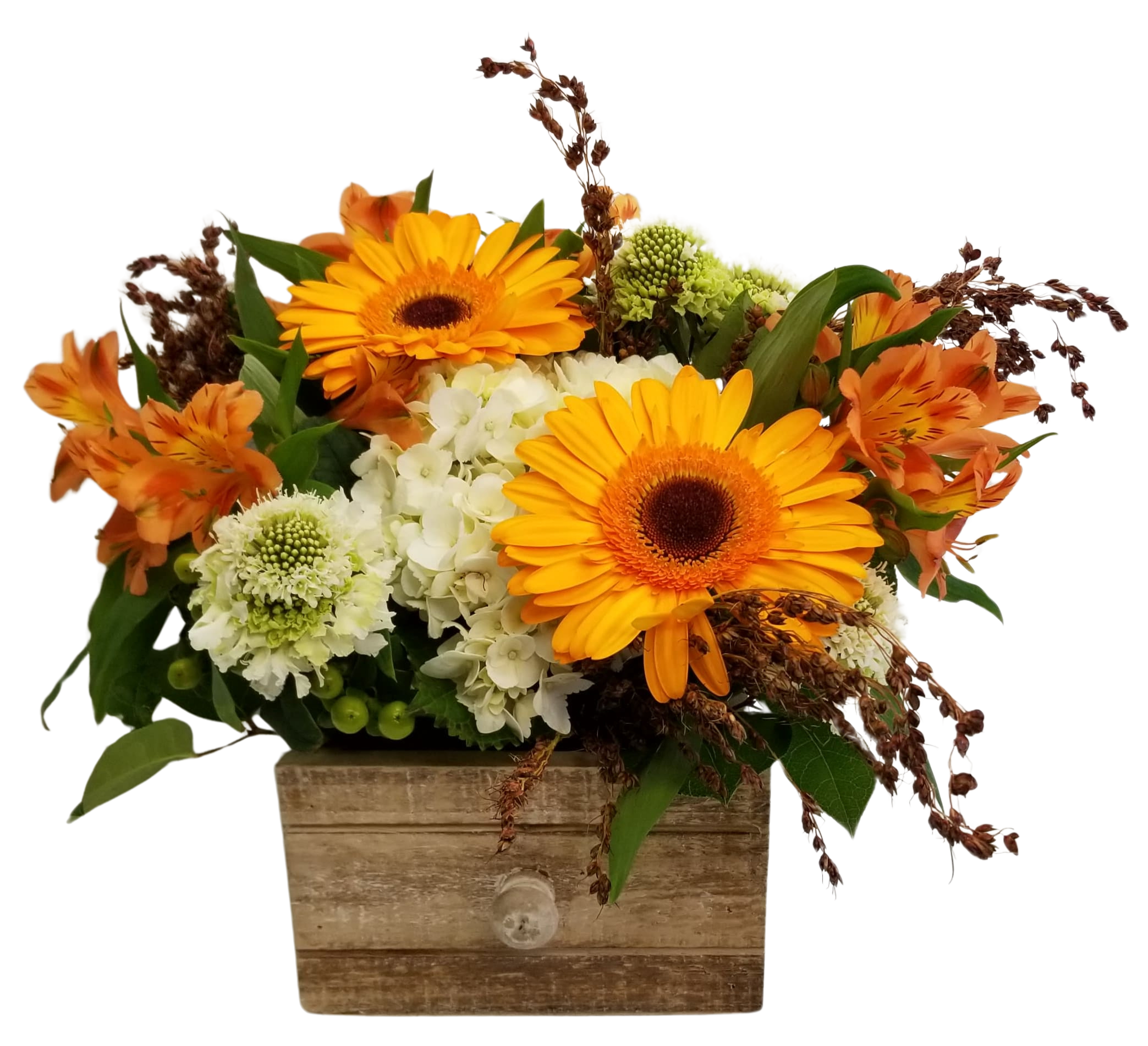 Cottage Blooms of Lake Minnetonka - A showing of blooms in a rustic container such as:  Hydrangea, gerberas, alstroemeria, grasses and assorted wildflowers. Containers vary. 