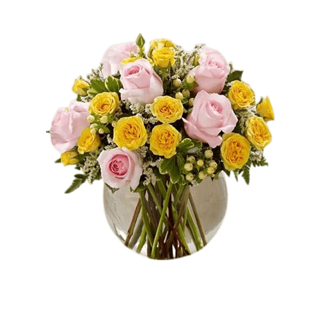 Soft Serenade - The Soft Serenade Rose Bouquet is a sunny and charming flower arrangement set to spread your warmest wishes. Pink roses, yellow spray roses, white hypericum berries, white limonium and lush greens are perfectly arranged within a clear glass bubble bowl.
