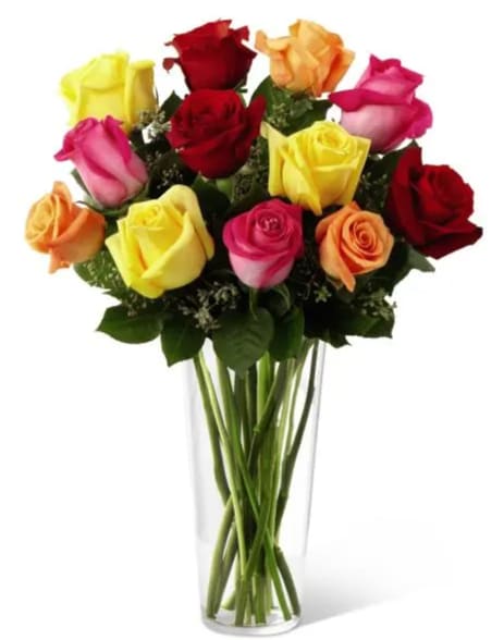 Bright Spark Mixed Roses  - This spirited bouquet holds roses in bold hues - hot pink, orange, red and bright yellow. Certain to be an attention-getter! 