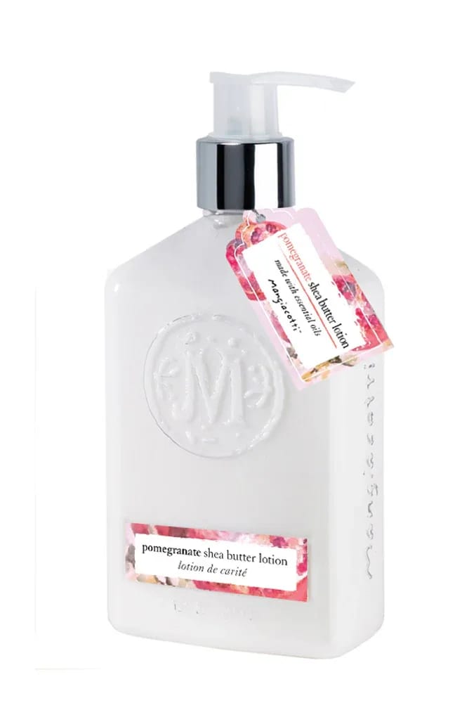 White lotion bottle with pump and floral label