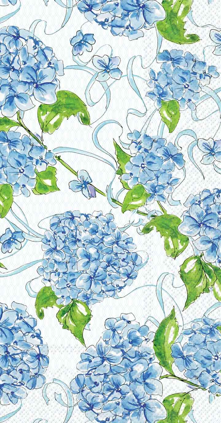 Blue hydrangea floral pattern on a white background