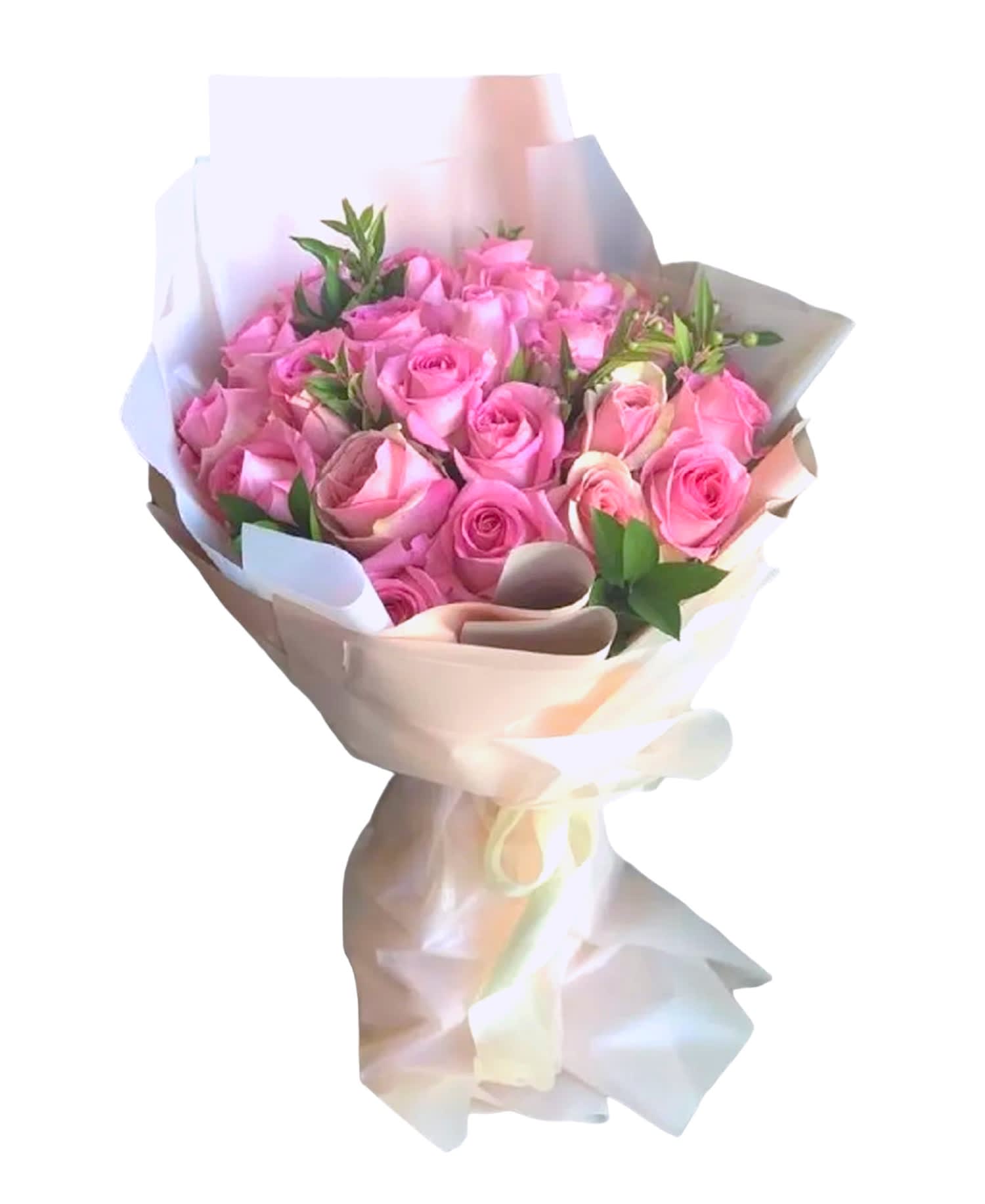 Bouquet of pink roses wrapped in white paper