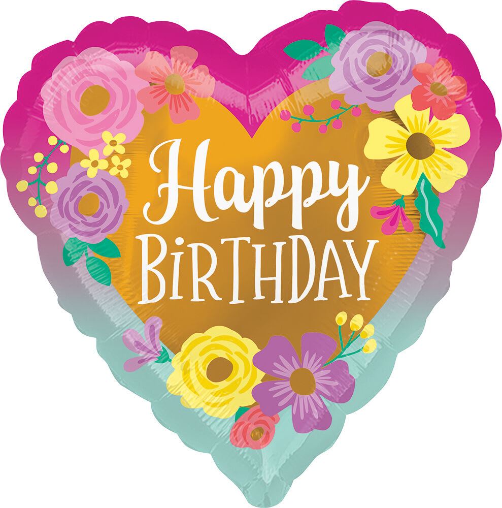 Heart-shaped birthday balloon with floral decorations and "Happy Birthday" text