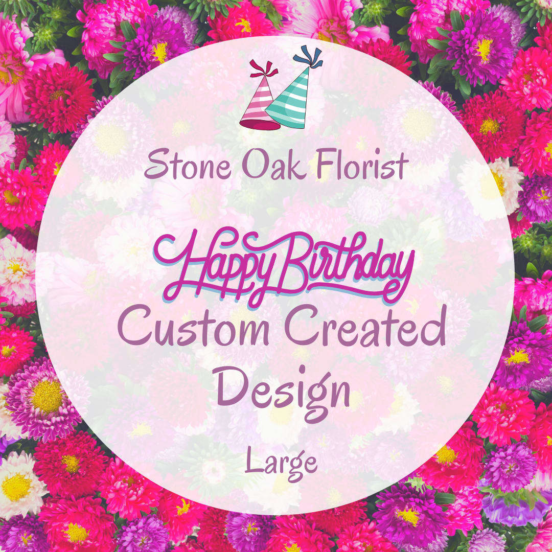 Birthday graphic over a background of pink and purple flowers