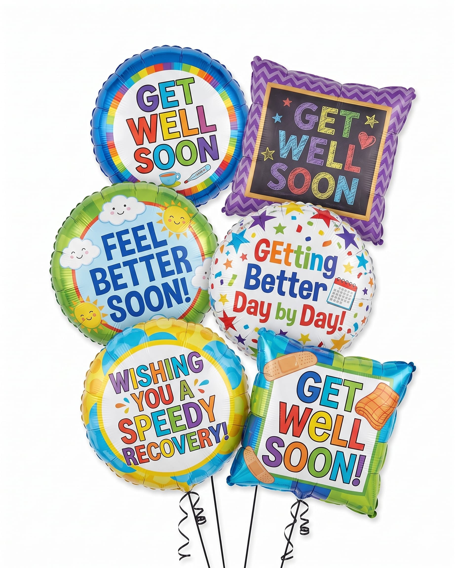 Get Well Soon Balloon Bouqet - Send your Get Well wishes for a speedy recovery with a cheerful balloon bouquet. This bouquet arrives with 6 Get Well Mylar balloons, tied together with color coordinating ribbon. The Get Well Soon Mylar balloon designs will vary.   (6) 18 inch Mylar balloons filled with helium.