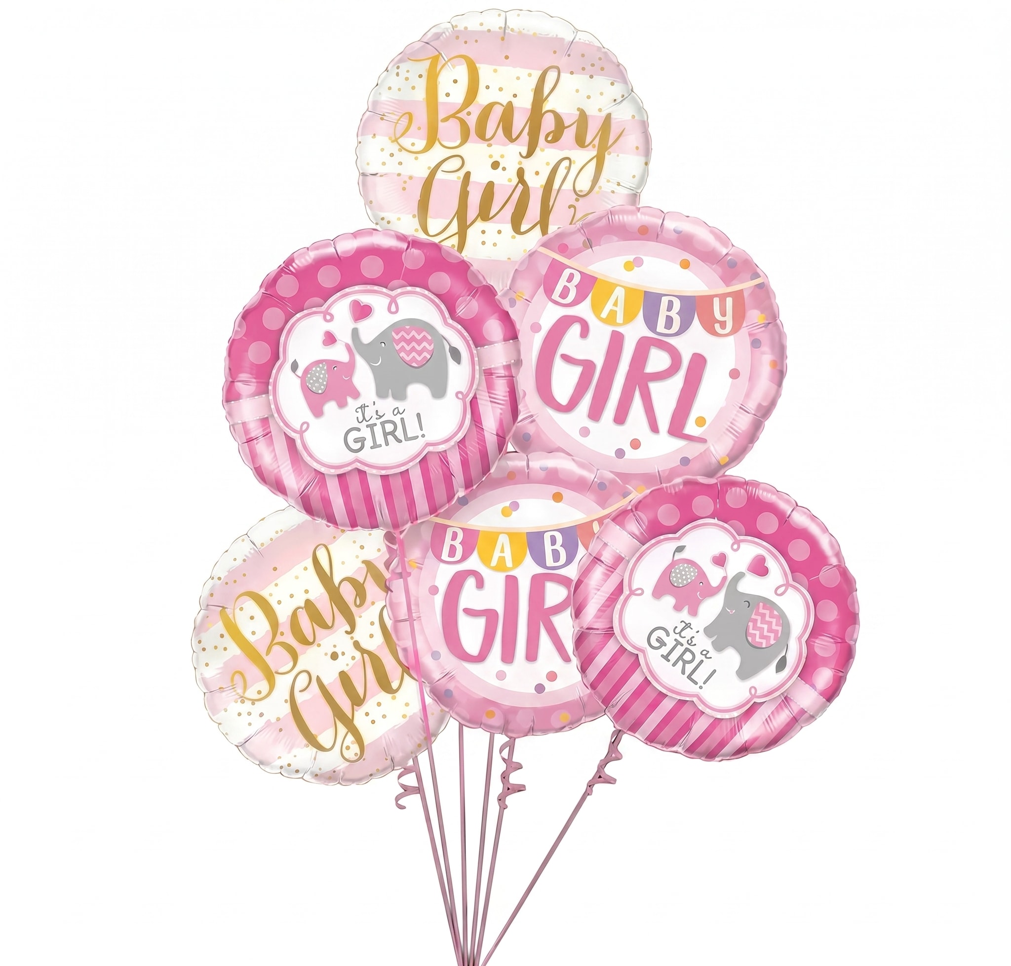 It's A Girl Balloon Bouquet - Welcome a beautiful little girl into this world with a brightly colored selection of fun and festive balloons.  This balloon bouquet features six foil balloons. Styles may vary.  
