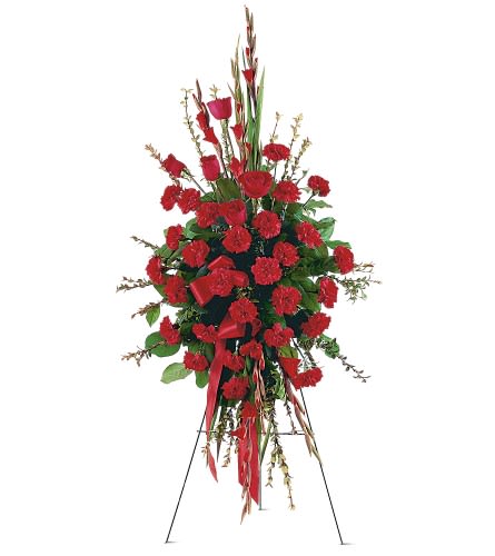Red Regards Spray - TF206-2 - With its bright red carnations gladioli and roses your sympathy will be shown most passionately. One standing spray arrives on an easel decorated with red carnations gladioli and roses with crimson red streamers.Approximately 28" W x 60" H Orientation: One-Sided As Shown : TF206-2