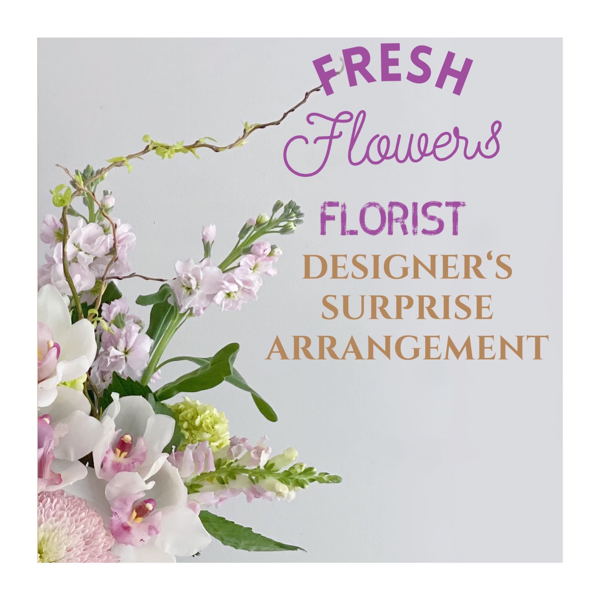 Pastel floral arrangement with orchids and pink blooms beside text