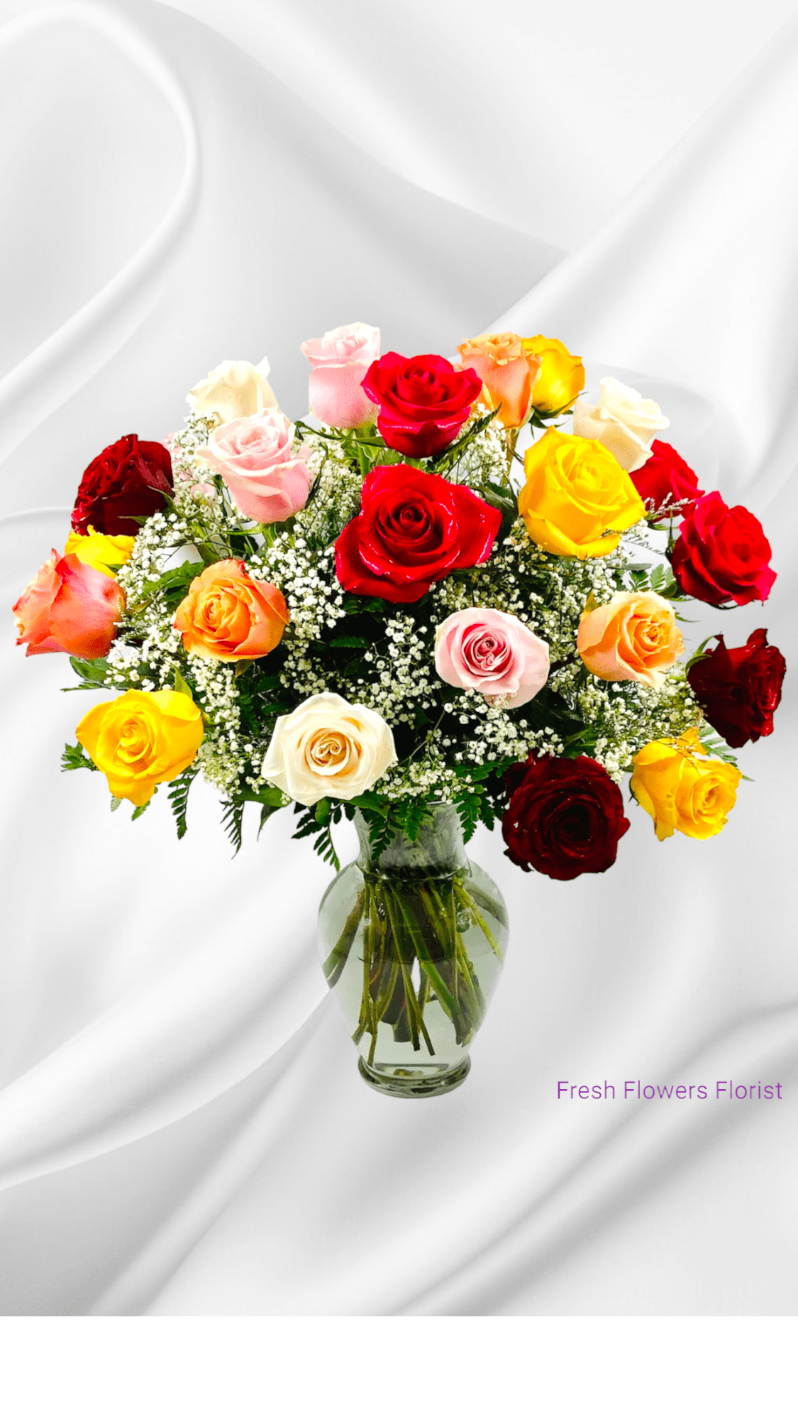 Assorted Colors (Picture Premium) - Premium long-stem assorted roses, artistically arranged by our florists with fresh gypsophila in a classic glass vase; rose colors will vary Available in bouquets of Standard 1 dozen, Deluxe  18 stems and premium  2 dozen perfect for anniversary, birthday, Father's Day, get well, graduations or just because Mother's Day , thank you ,     Approximately 15"W x 22"H
