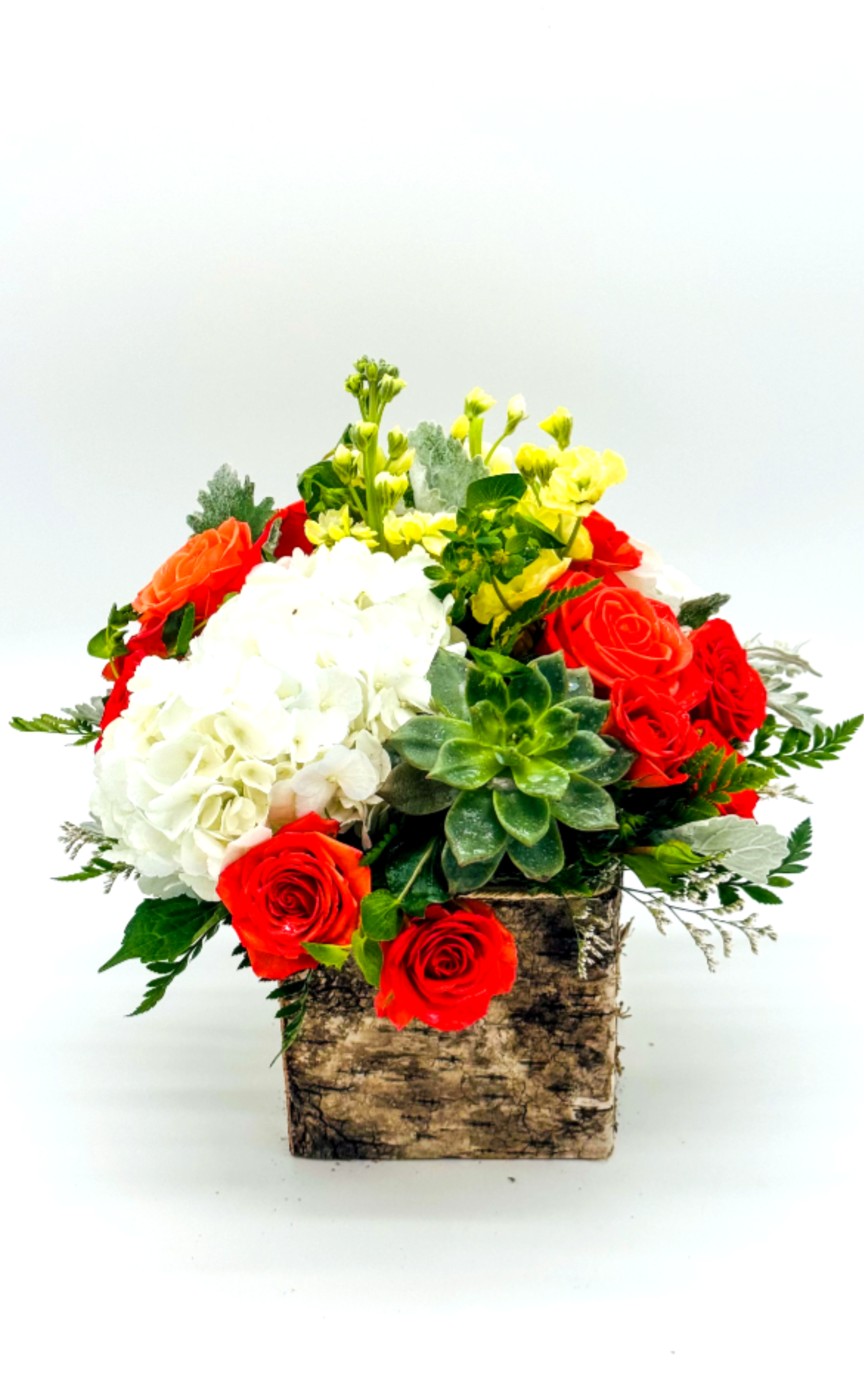    Natural Beauty  - Mixed-color carnations, hydrangeas, succulents and spray roses for a warm, natural feel-perfect for anniversaries, birthdays, Father's Day, get well, graduations or just because. the container may change but the same value  