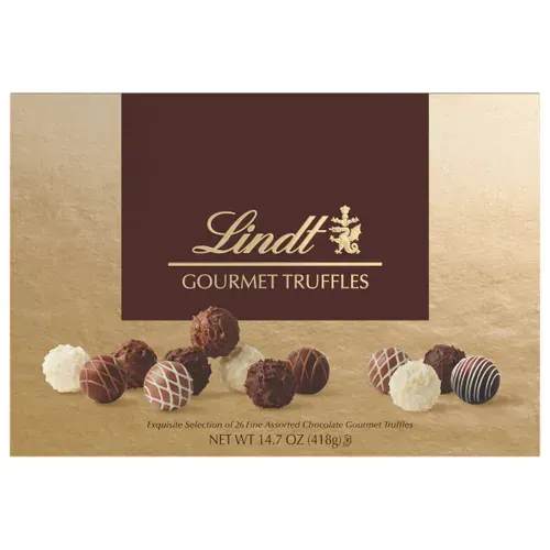 Gold and brown box of assorted Lindt gourmet chocolate truffles