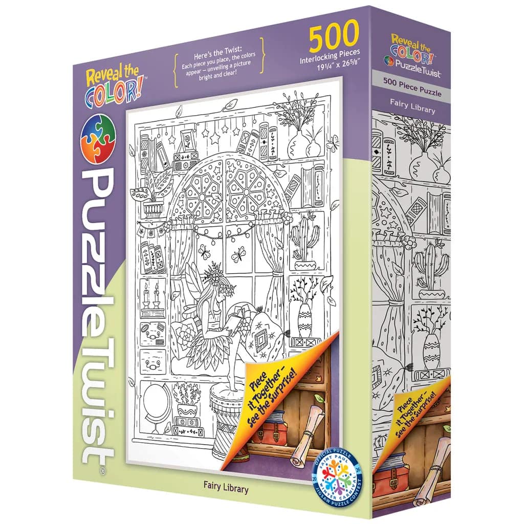 PuzzleTwist - Fairy Library - Here's the Twist: Each piece you place, the colors appear — unveiling a picture bright and clear!  Meet the Artist: Ellie Marks is a coloring book artist from the Pacific Northwest known for her whimsical, nature-inspired illustrations. Her black-and-white artwork invites creativity and has earned her a devoted following of colorists around the world. With Fairy Library, Ellie brings that same sense of wonder to a scene that appears in black and white on the box—but springs to life in full, magical color as you piece it together.  Explore more of Ellie’s artwork at elliemarks.etsy.com