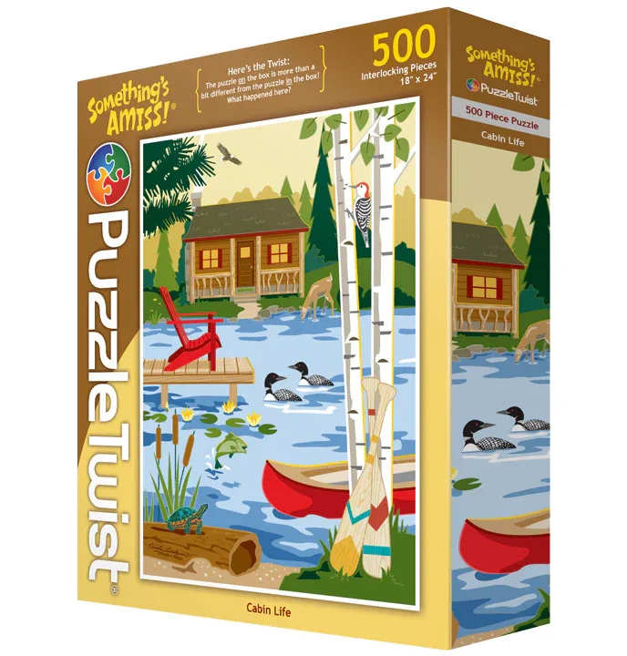 PuzzleTwist - Cabin Life - Here's the Twist: The puzzle ON the box is more than a bit different from the puzzle IN the box!  What happened here?  Watching the sun rise, relaxing on the dock and listening to nature.  These are some of the simple pleasures of cabin life that will come alive while assembling this new PuzzleTwist jigsaw puzzle by Cindy Lindgren.   About the Artist: Cindy Lindgren drew inspiration for this illustration from time spent at their family's cabin.  Her favorite time is evening and her favorite place is sitting on the dock taking in nature's sights and sounds.  Her home studio is in the Twin Cities, but she also loves to travel around the Midwest finding new inspiration.  You can find Cindy's line of illustrated products in gift shops throughout the upper Midwest.