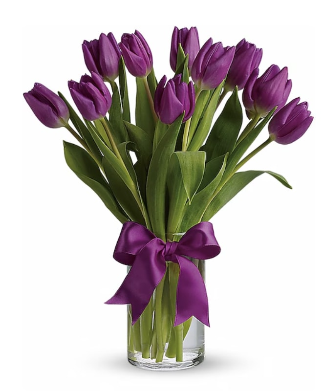 Purple tulips in a clear glass vase tied with a purple ribbon