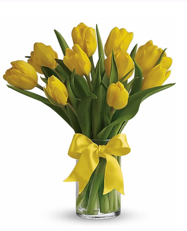 Yellow tulips in a clear glass vase with a yellow ribbon