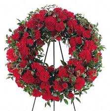 Red Regards Wreath  TF207-3 - This simple yet stylish wreath shows the depth of your love and support. One wreath on an easel arrives with red carnations and roses along with decorative natural foliages. Approximately 19" D As Shown : TF207-3