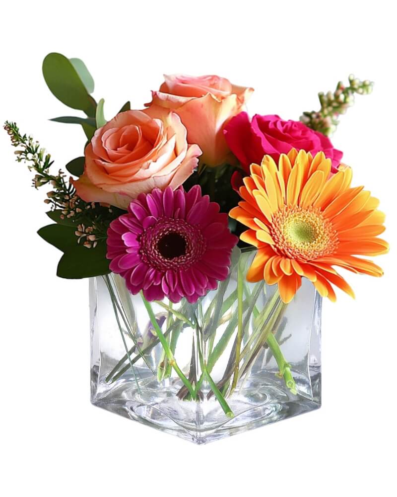 Mixed roses and gerbera daisies in a clear square vase