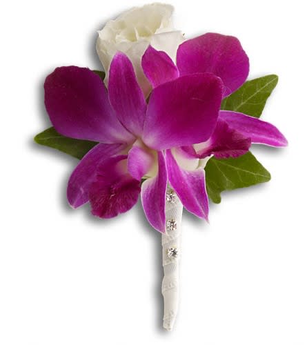 Purple orchid boutonniere with white accent flower and green leaves