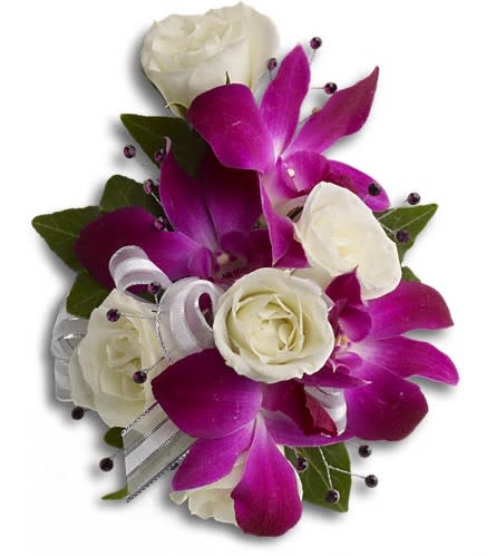 White roses and purple orchids with ribbon accents