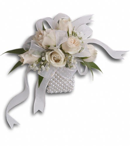 White rose corsage with ribbon and pearl wristlet