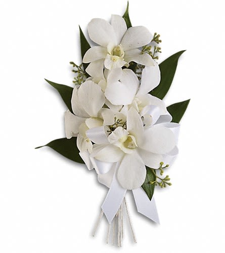 White orchid bouquet with dark green leaves and a white ribbon
