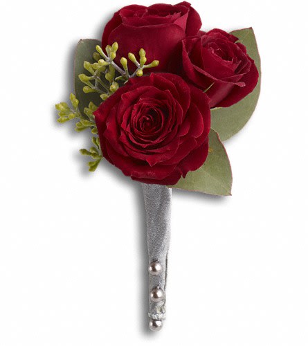Three red rose boutonniere with silver ribbon and pearl pins