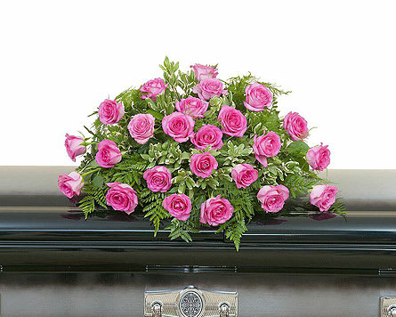 Pink Rose Casket Spray - Pink Roses and select foliage make up this beautiful casket spray. Approximately 24" wide 16" deep As Shown : DGTMF-721